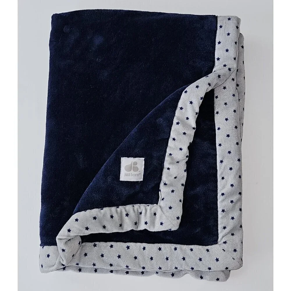 Just Born Navy Blue Gray Stars Trim Fleece Baby Blanket SOFT 29x38 RARE DESIGN